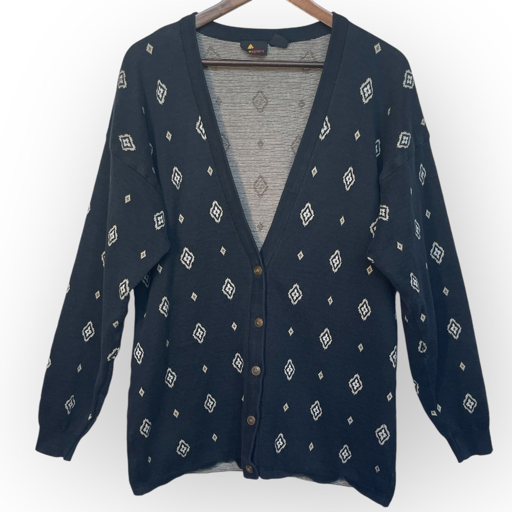 Lizsport Vintage Black Cotton Geometric Diamond Knit V-Neck Cardigan Sweater M